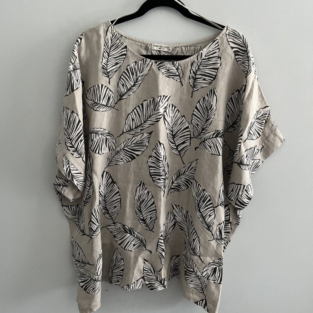 Terzo Millenno White 100% Linen Cap Sleeve Leaf Pattern Detail Pullover Sz 1X